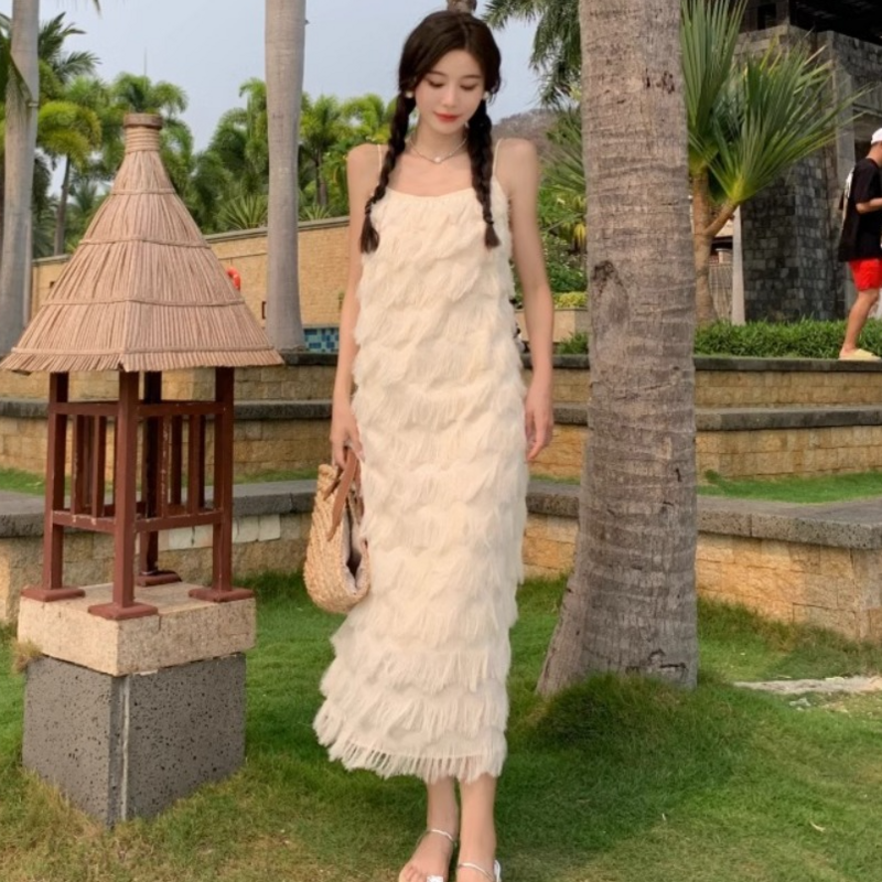 Повседневное платье в стиле пэчворк с бахромой, длинная юбка на бретелях без рукавов, пляжная одежда, облегающее платье в виде волны