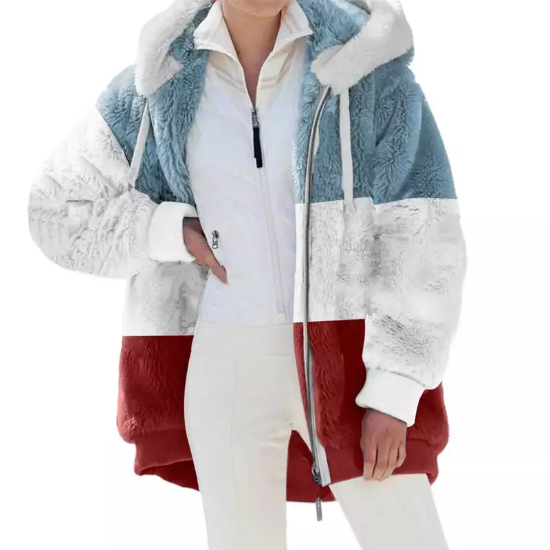 Zip Up Fleece Mulheres Jaqueta 2022 Plush Faux Fur Outono Inverno Patchwork Cor Casaco Com Capuz Mulheres Casaco Engrossar Quente