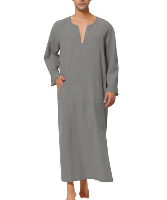 2024 jubah Kaftan Muslim pria kemeja Pilgrim tunik Thobe lengan panjang dengan saku pakaian Islam pakaian pria Jubba Thobes