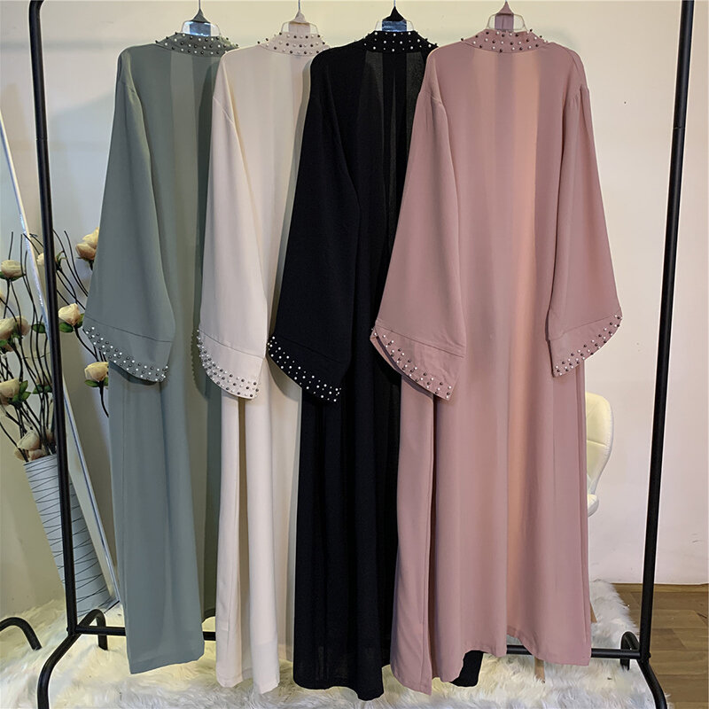 Arabic Leisure Fashion Elegant Clean Color Nailed Beads Ice Silk Wrinkle Cardigan Long Robe Coat Muslim Windproof Long Sleeve