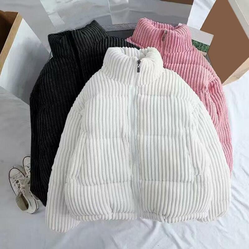 Winter Jacket Striped Texture Stand Collar Winter Coat for Women Thick Heat Retention Outdoor Jacket with Neck Protection Long