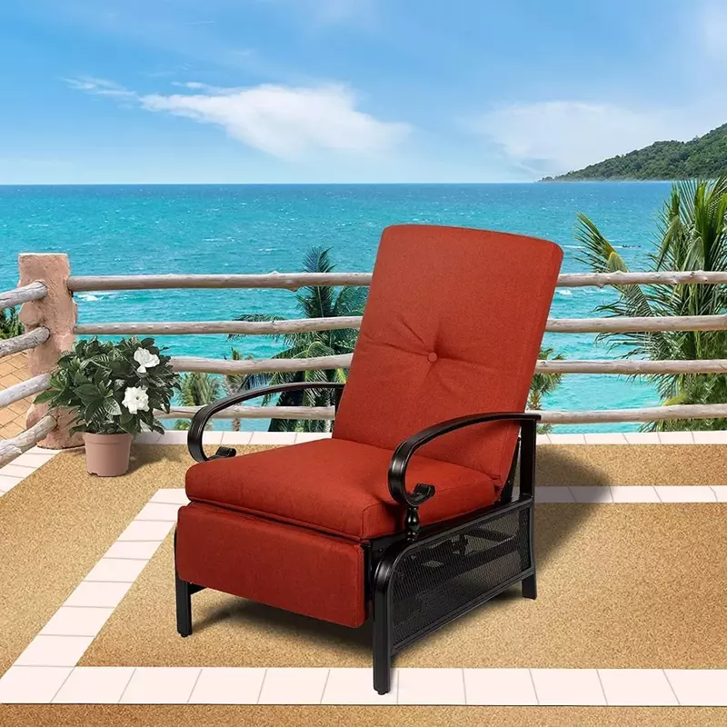 Adjustable Outdoor Lounge Chair Metal Patio Relaxing Recliner Chair With Removable Cushions(Red) Leisure Chaise Longue Furniture