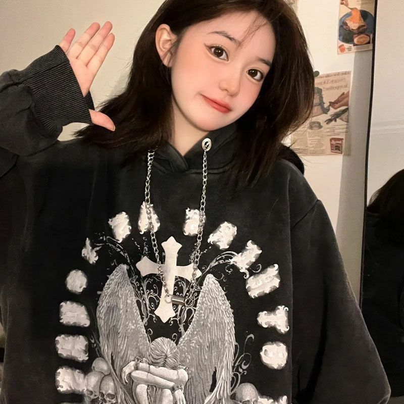 Very nice!!! American Hiphop New Angel Necklace Hoodies Women Hot Sale Harajuku Vintage Loose Sweater Korean Goth Y2k Clothes