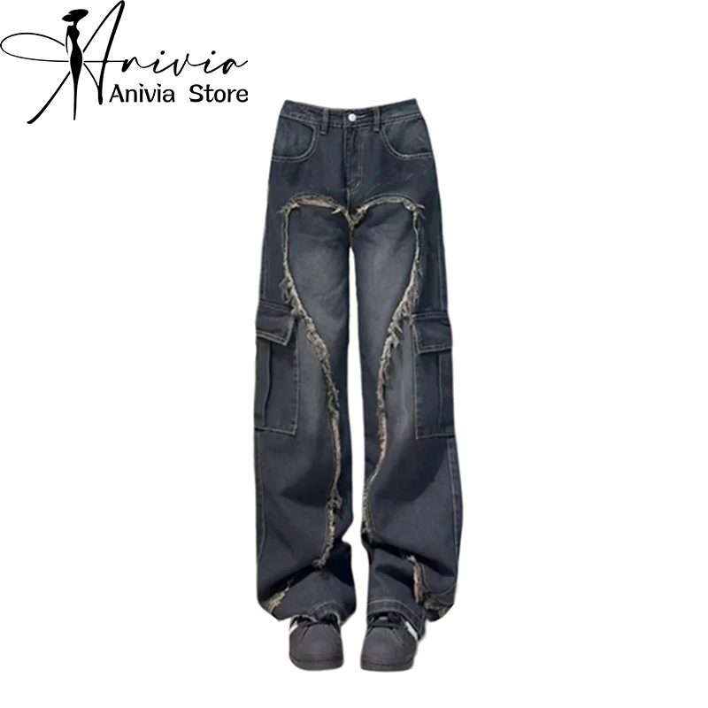 Celana kargo longgar biru wanita celana Jeans koboi antik Harajuku 90s celana Denim estetika Y2k pakaian gaya Jepang 2000s