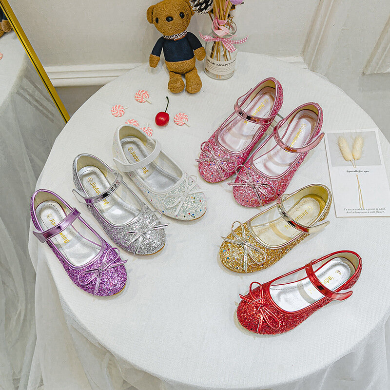 ULKNN 2023 New Girls Leather Shoes Pink Bowknot Princess 'shoes Sequins Kid's Flats Cuhk Children's Dance Shoes Size 24-37