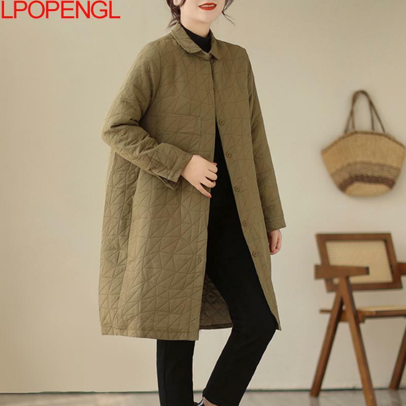 Nowa moda kobieta jesień i zima w stylu Vintage jednolity kolor diament długie rękawy jednorzędowy bawełniany płaszcz z szerokim stanem