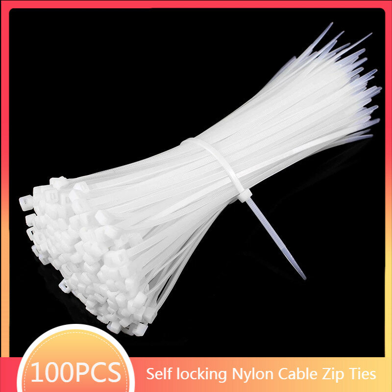 Auto bloqueio Nylon cabo Zip laços, colorido plástico envoltório BundleTies, branco, 100pcs