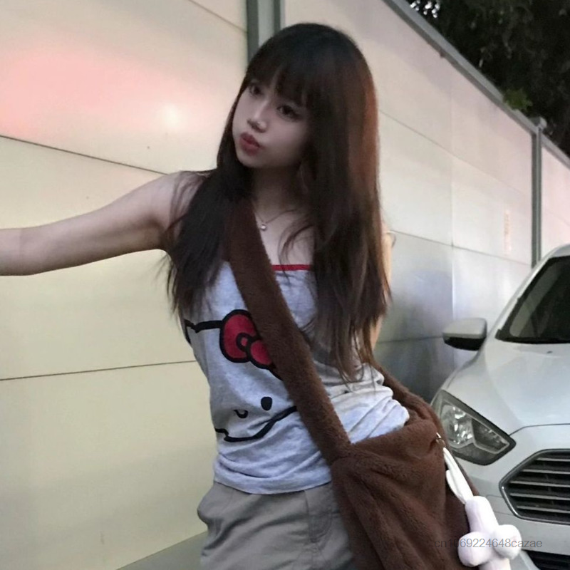 Sanrio-女性用ノースリーブTシャツ,ファッショナブルな夏のストリートウェア,ストラップ付き