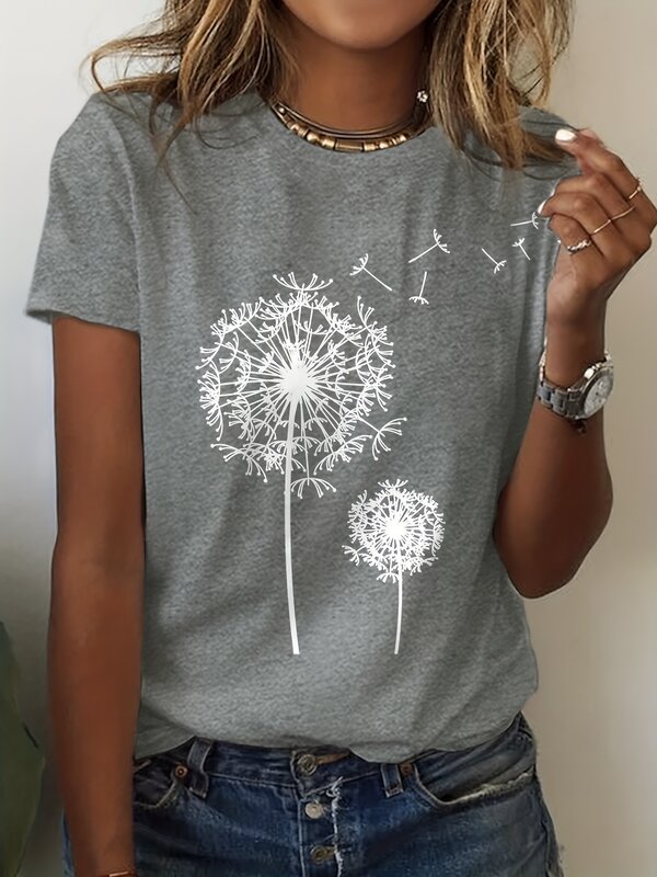 Dandelion printed round neck T-shirt, casual short sleeved top for spring and summer, women's clothing