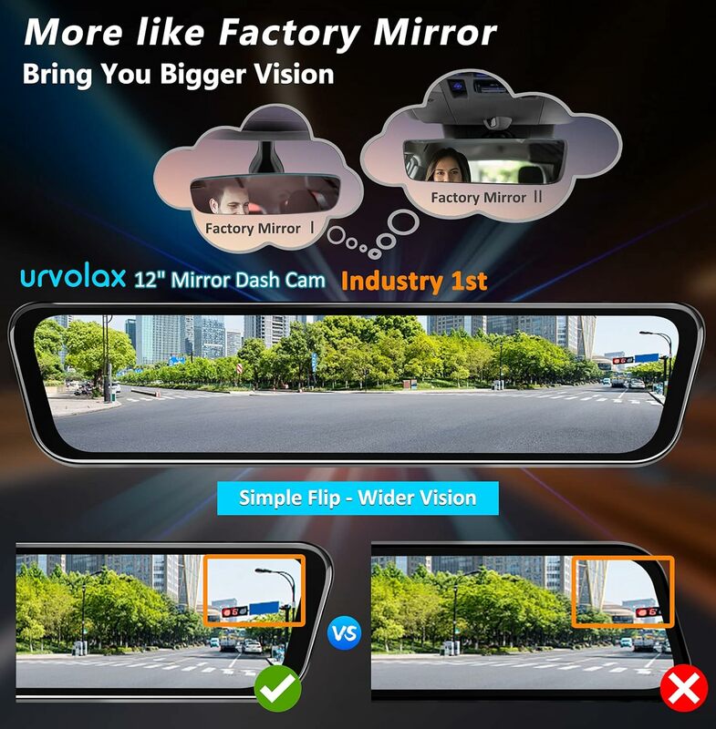 URVOLAX-Car Backup espelho retrovisor câmera, controle de voz, câmera de visão traseira com lente frontal separada, OEM, 12"