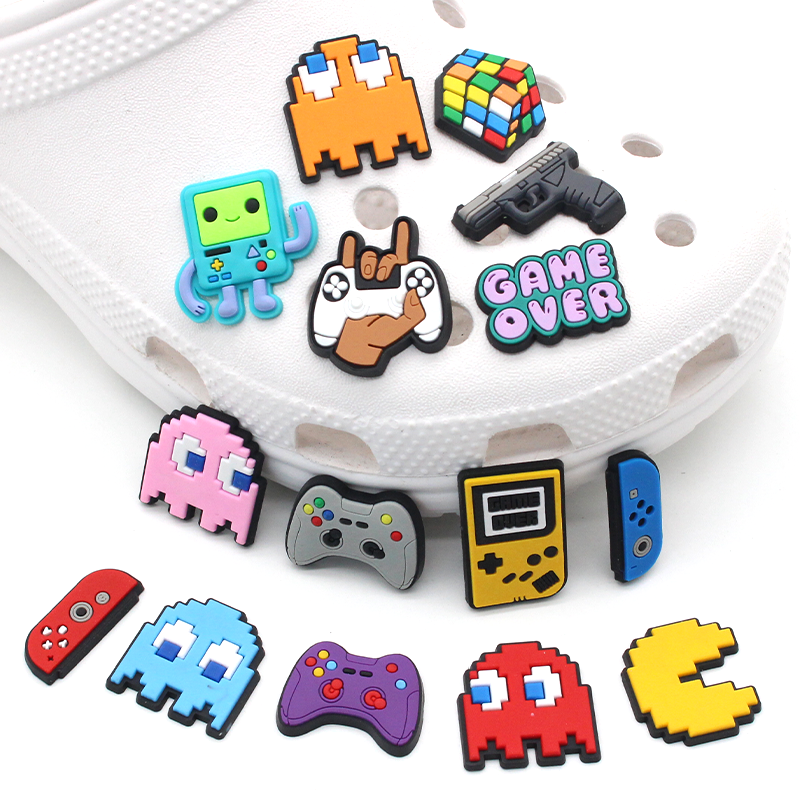 Hot 1pcs Cartoon Rocket Football Games Console DIY Clog Shoe Charms Funny Accessories Sandals Pin Decorate Boys Kids X-mas Gifts