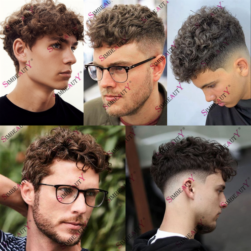 European Curly Blonde Human Hair Men's Toupee Undetective Super Thin Skin Vlooped Durable Men Wig Hair Replacement System