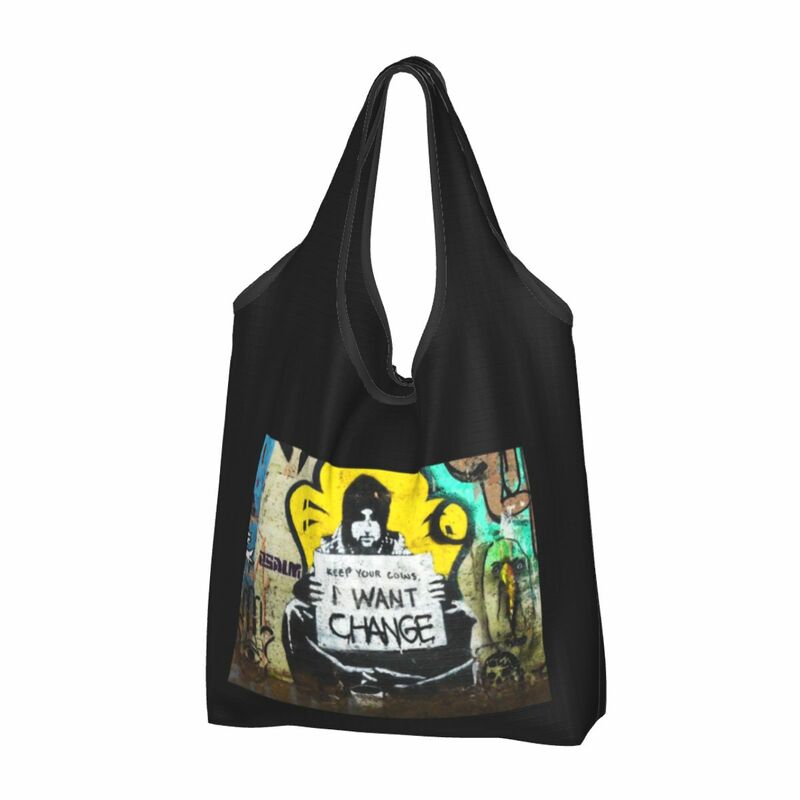 Large Reusable Banksy Keep Your Coins Grocery Bags Recycle Foldable Shopping Eco Bag Washable Fits in Pocket