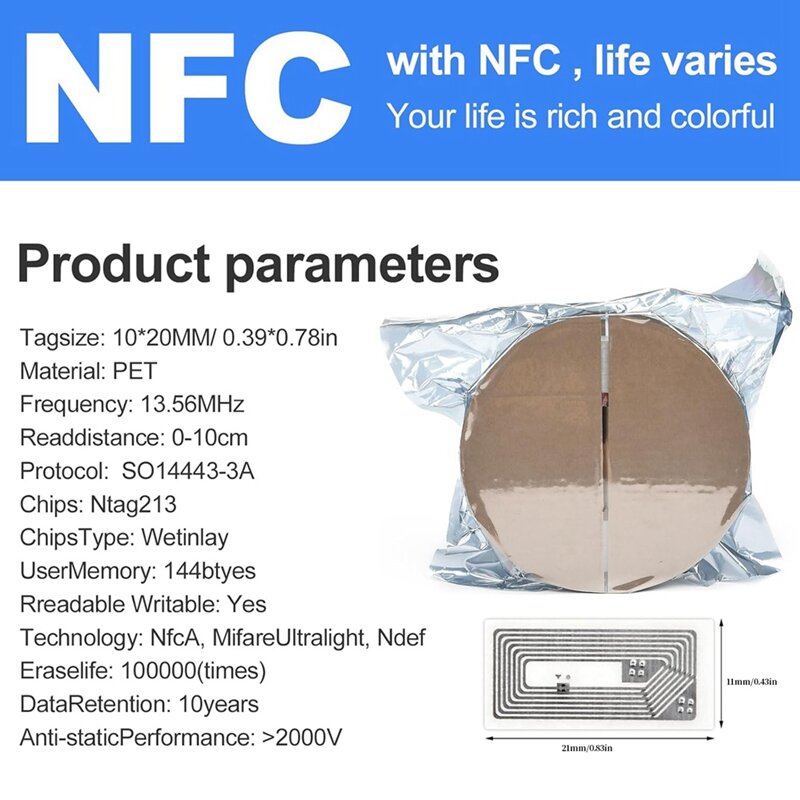 NFC Tags adesivo com chip NTAG213, NFC em branco adesivos, etiquetas adesivas, etiquetas RFID, regravável, 144 Bytes, memória, fácil de usar