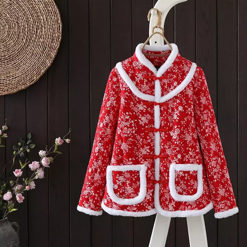 2024 Autumn/Winter New Printing Ethnic Style Cotton Coat Women Top Thickening Keep Warm Middle Old Age Retro Button Cotton Coat
