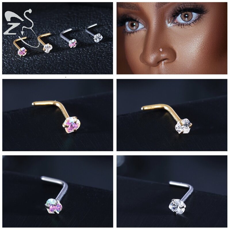 ZS 3-4Pcs/lot Gold Color Stainless Steel Nose Stud Set Heart Star Round Crystal Nose Piercing L Shape Nostril Piercing 18g/20g