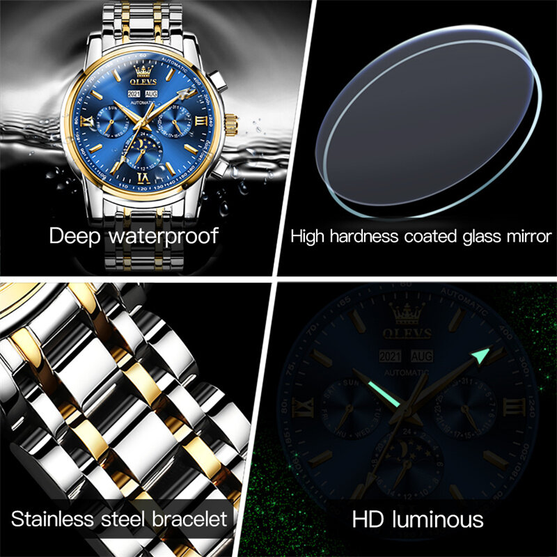 Olevs Top-Marke Luxus leuchtende Datum Mondphasen Herren uhren mechanische Uhr Herren wasserdichte Sport automatische Armbanduhr reloj