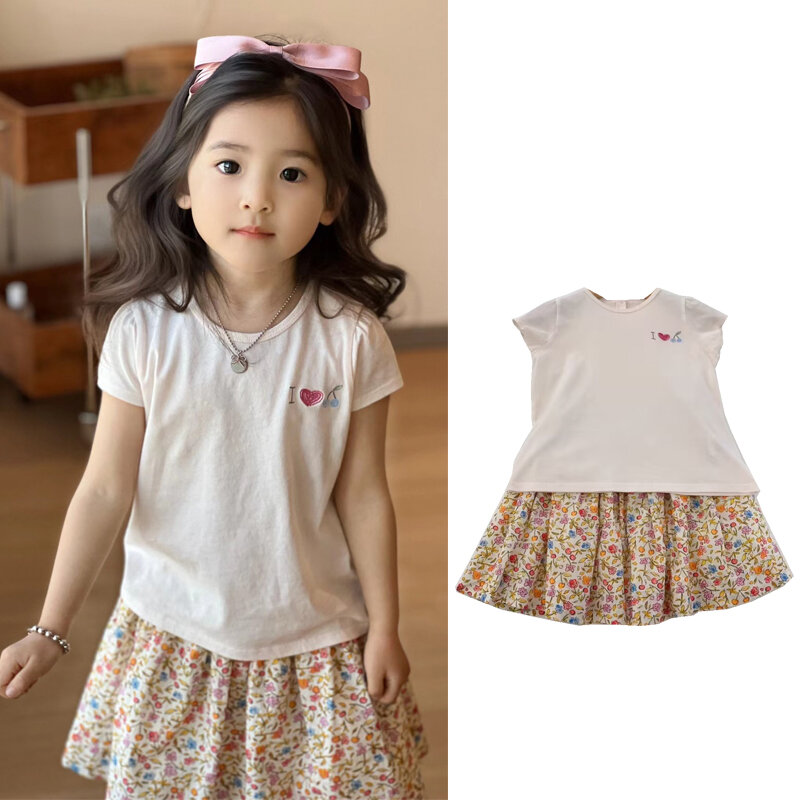 Camisetas y faldas con estampado de cerezas para niñas, conjunto de ropa de 24 Ss, camisetas de manga corta y faldas con estampado de flores