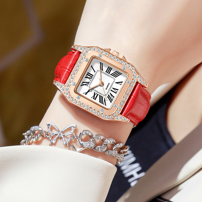 Jam tangan wanita, jam tangan perempuan modis berlian set tali persegi Roman kuarsa
