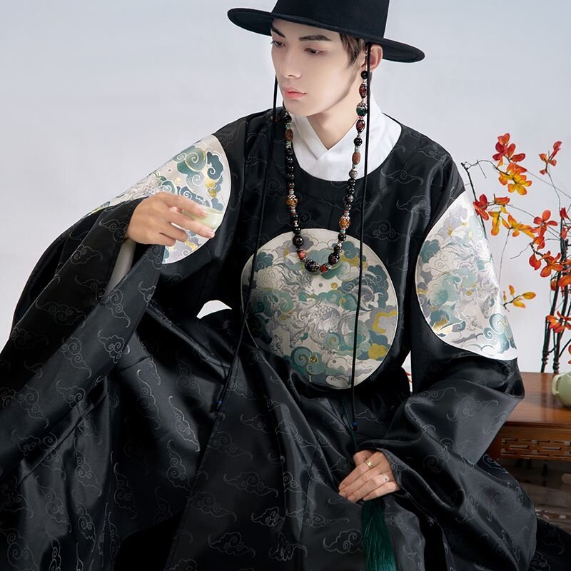 Ancient Chinese Hanfu Costume Mens Top Skirt Belt Set Samurai Costume Robe Hanbok Martial Arts Dragon Printing Flying Fish Suit