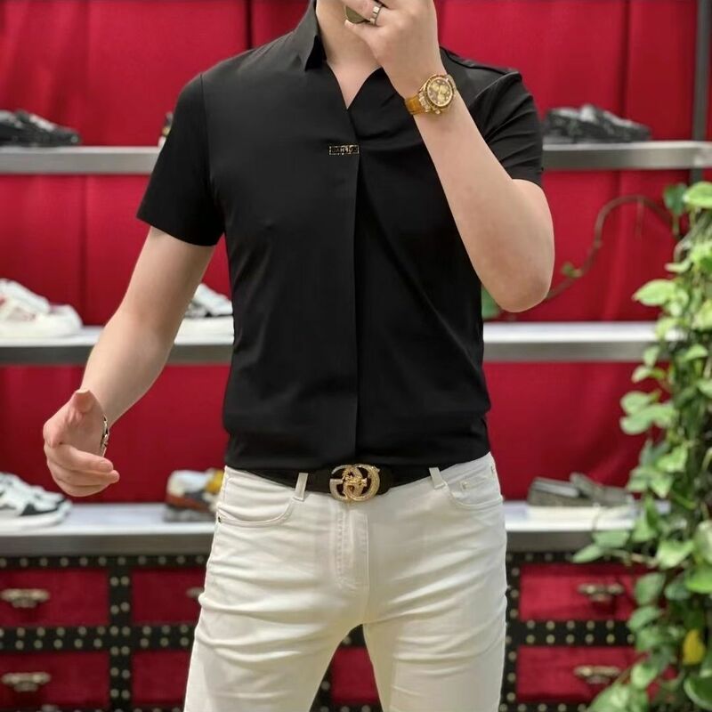 Streetwear Fashion pakaian pria bisnis kemeja ramping musim panas baru Korea sosial cerdas kasual kerah tipis serbaguna atasan lengan pendek