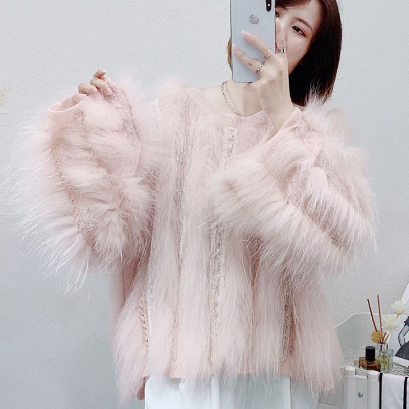 2023 Fall Winter New High-End Fashion Raccoon Fur Patchwork Knitting Pullover Women Loose Oversized Warm Thick Furry Sweater