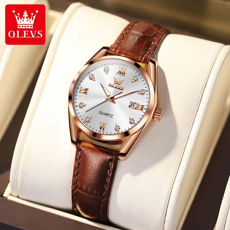 OLEVS 패션 다이아몬드 쿼츠 시계 여성용, 가죽 스트랩, 방수 달력 시계, 최고 브랜드 럭셔리 손목시계