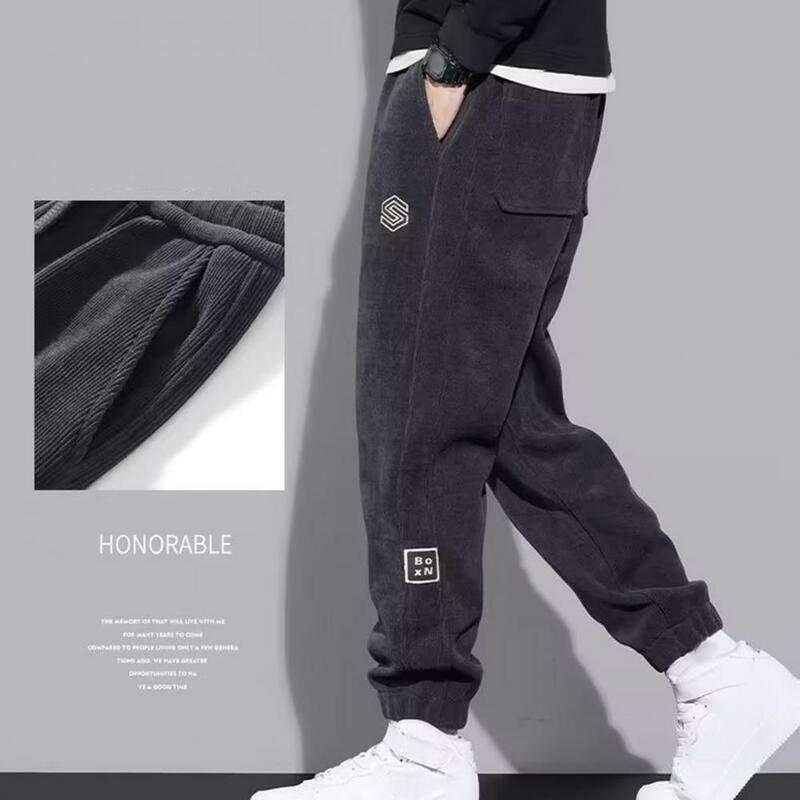 Men Thick Trousers Soft Men's Long Trousers with Elastic Waist Plush Drawstring Ankle-banded Pockets Comfortable for All-day