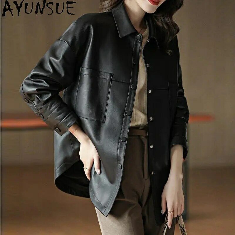 AYUNSUE-정품 가죽 자켓 여성용, 느슨한 가죽 자켓, 2023 진짜 양피 코트, 한국 패션