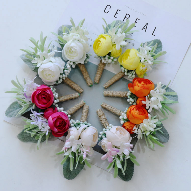 Boutonnières de mariage colorées simples pour patients, épingles de fleurs artificielles pour la cérémonie de réunion de mariage, damas d'honneur