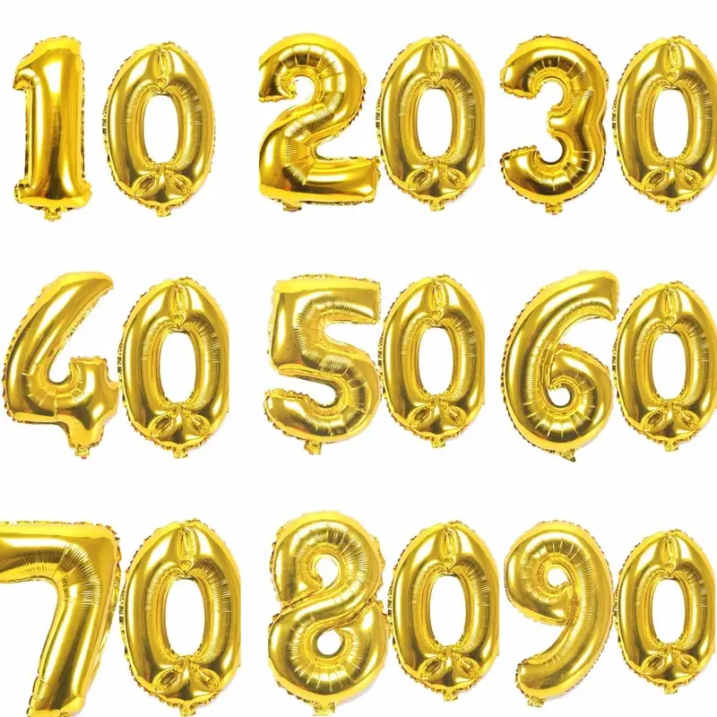 Grande Número Figura Balões para Decoração do Aniversário, Fontes do Aniversário, Ouro e Prata, 10 20 30 40 50 60 70 80 90 Anos, 40"