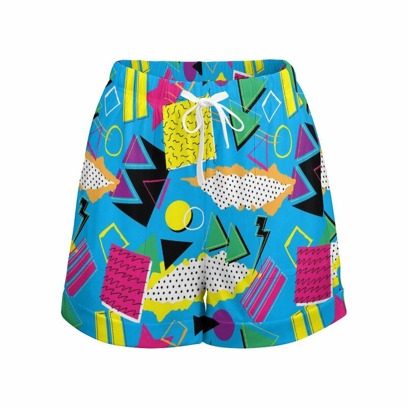 Pantaloncini geometrici Vintage colorati stile Memphis anni '80 pantaloncini Casual Oversize a vita alta Harajuku pantaloni corti Lady Y2k tasche Bottoms