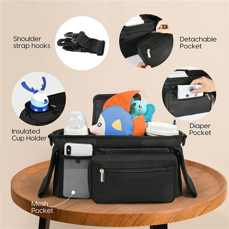 Универсальный органайзер для детской коляски, с изолированным держателем для чашек, съемная сумка для телефона и плечевой ремень, подходит для коляски домашних животных