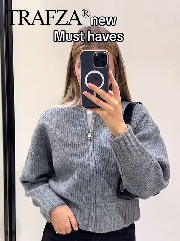 TRAFZA 2023 Women's Zipper Knitted Bomber Jacket Y2K Autumn Loose Round Neck Casual Sweater Women's Short Top Coat Thick