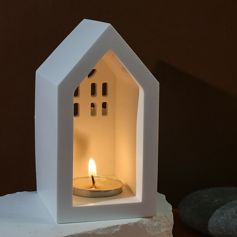 Cetakan silikon desain rumah lilin beton DIY tempat lilin lampu teh semen cetakan Palaster Dekorasi Rumah