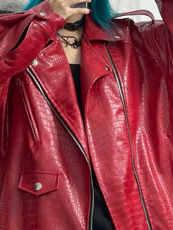 Lauraro Musim Semi Musim Gugur Kebesaran Pola Buaya Mengkilap Merah Jaket Biker Kulit Wanita Lengan Panjang Ritsleting Sabuk Mode Keren 2022
