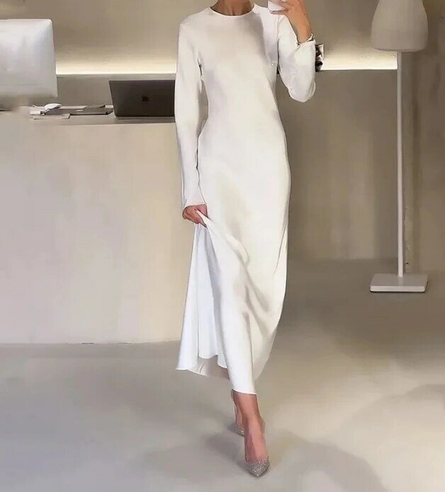 2024 New Women's French Elegant Dress Solid Color Casual Pullover Round Neck Long Sleeve High Waist Slim Fit A-line Maxi Dress