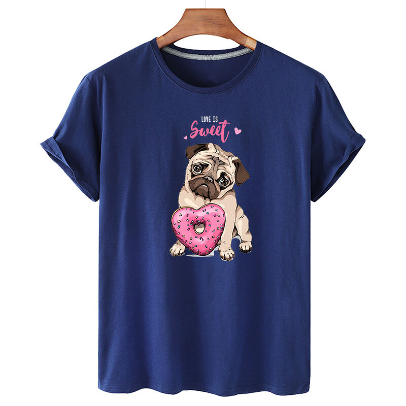 100% 코튼 강아지 프린트 티셔츠 2022, 남녀공용 반팔, O넥 티셔츠, 여름 패션