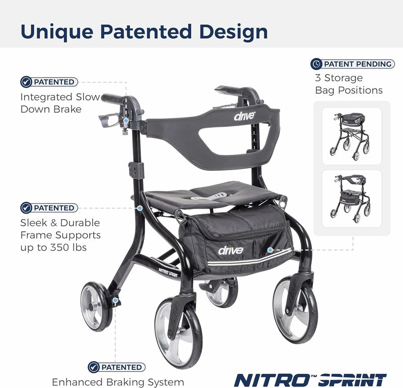 Drive medis Nitro Sprint Rollator lipat, Walker dengan kursi, Rollator tinggi ringan standar dengan roda besar