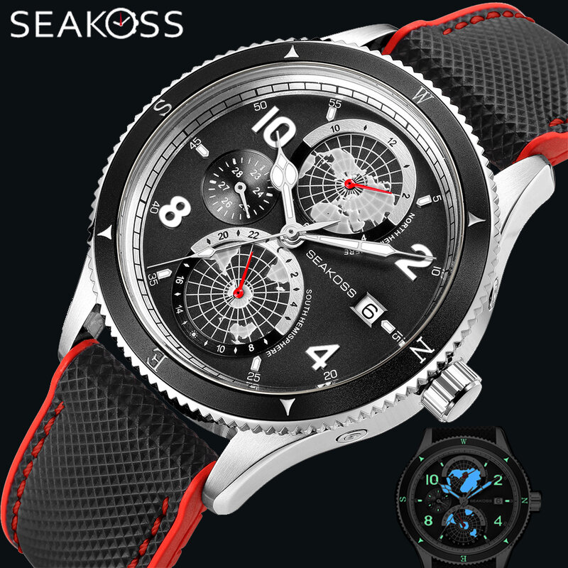 SEAKOSS-Movimento totalmente automático relógio mecânico masculino, relógio de pulso de mergulho super luminoso, 24 horas, cinta FKM, ano mês 1963
