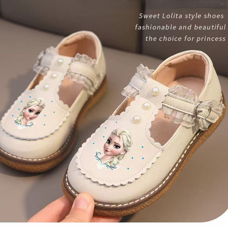 Disney-zapatos informales de cuero para niñas, zapatillas antideslizantes de suela suave de princesa Frozen para primavera
