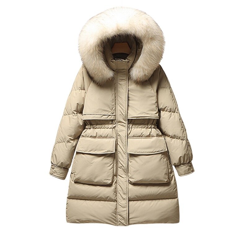 女性用ホワイトダックダウンコート、厚手のダウンコート、ミドル丈フード付きオーバーコート、暖かいスノーウェア、女性用ファッション、冬、2023
