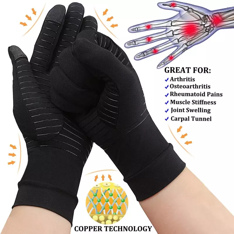 1 para miedzianych rękawiczek uciskowych na zapalenie stawów, końcówki ekranu dotykowego. Ulga w przypadku bólu dłoni, cieśni nadgarstka, reumatoidalnego zapalenia, zapalenia ścięgien