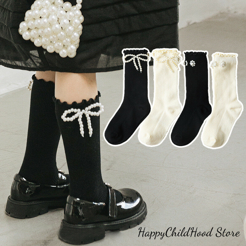 Śliczna japońska biała perła czarna długie skarpetki na kolano dla dziewczynek dzieci wiosna jesień z marszczonymi skarpetami księżniczki lolity