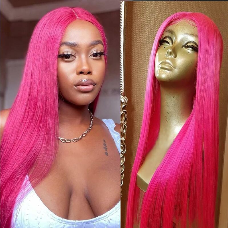 32 Inch Hot Pink Colored Lace Front Wig Straight Peruvian Human Hair 13*4 Glueless Lace Frontal Wigs for Women with Baby Hair