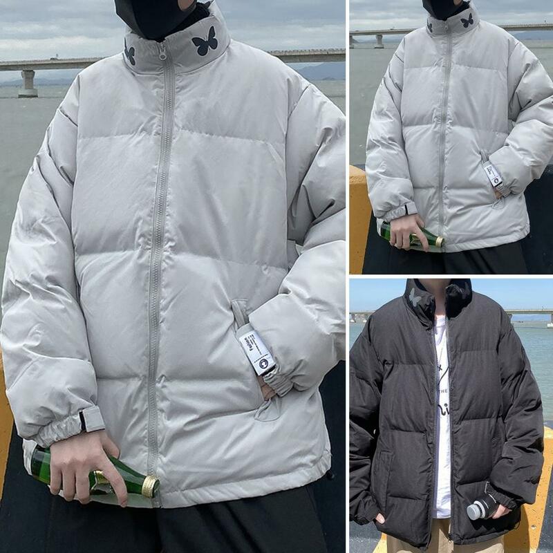 Winter Men Jacket Thickened Padded Neck Protection Cotton Coat Windproof Zipper Closure Cold Resistant Loose Unisex Down Coat