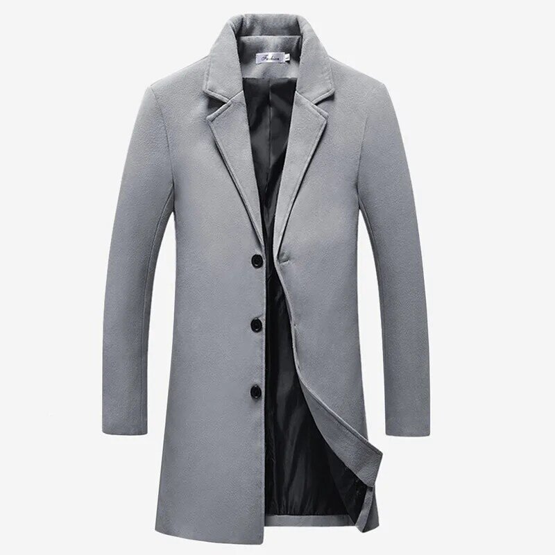 Nowa męska elegancka typu Slim średniej długości wiatrówka męski jednokolorowy duży rozmiar wełniany płaszcz wiatroszczelny ciepły płaszcz M-5XL