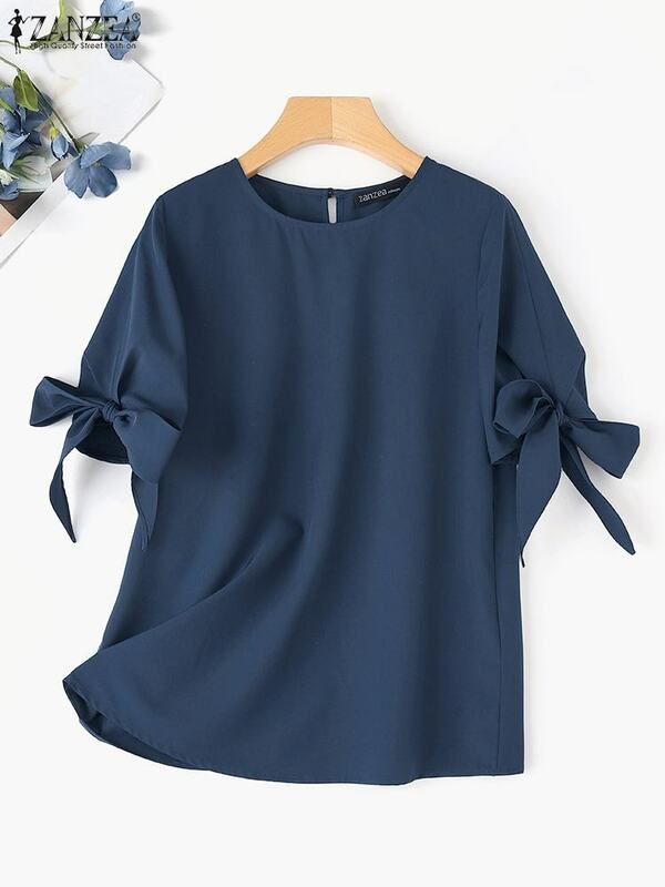 Zanzea 2024 Sommer schick Rundhals Tunika elegante Frauen Büro Bluse Vintage Schleife geknotet Kurzarm Top Shirt solide Arbeit Blusa