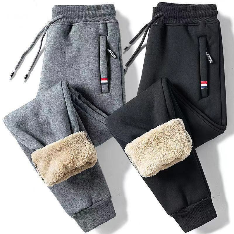 Winter Fleece Straight Trousers Men's Fitness Jogging Sweatpants Lambswool Warm Casual Pants Male Solid Drawstring Bottoms M-5XL