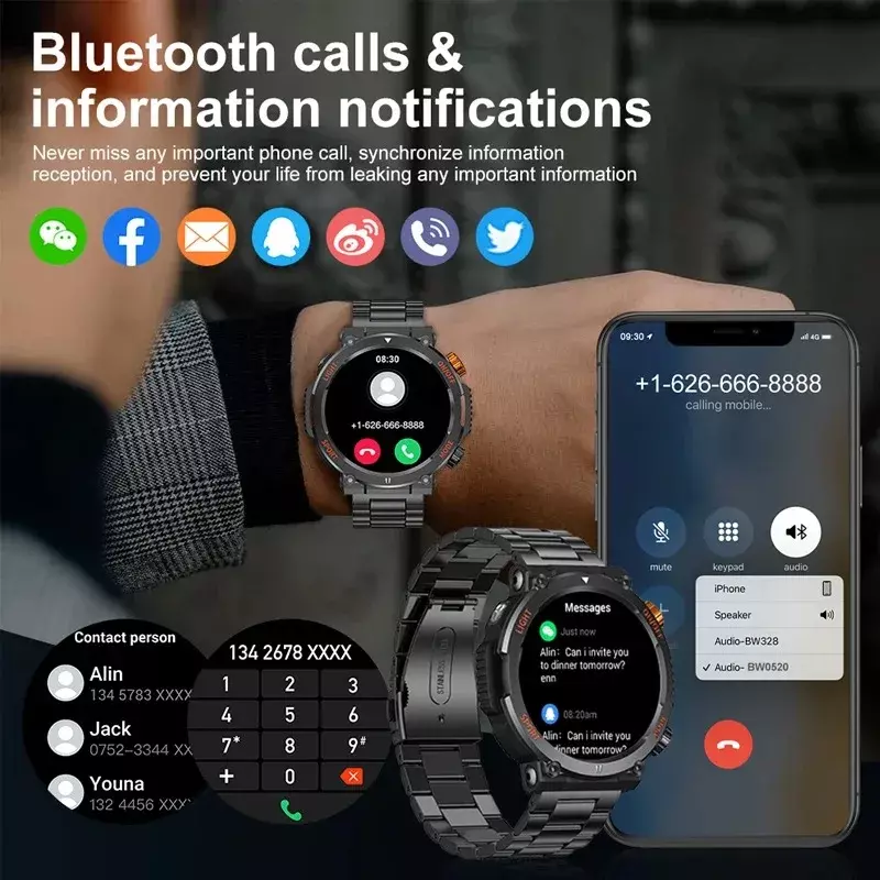 Smartwatch esportes ao ar livre para homens, luz de emergência, IP67 impermeável, chamada bluetooth, tela de toque completa, relógio lanterna, bússola, 2024